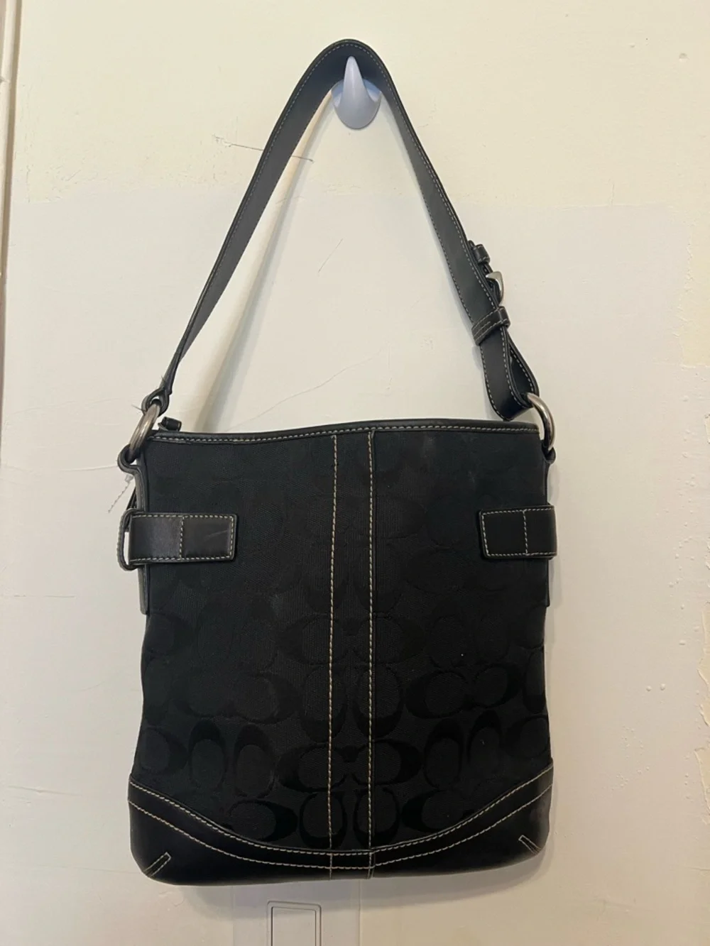 Coach Black Signature Jacquard Shoulder Bag with Buckle Accents